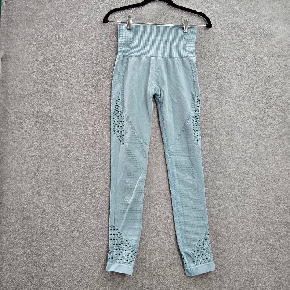 Gymshark Women Activewear Pants XS Blue‎ Yoga Legging Logo Crochet 27" Inseam